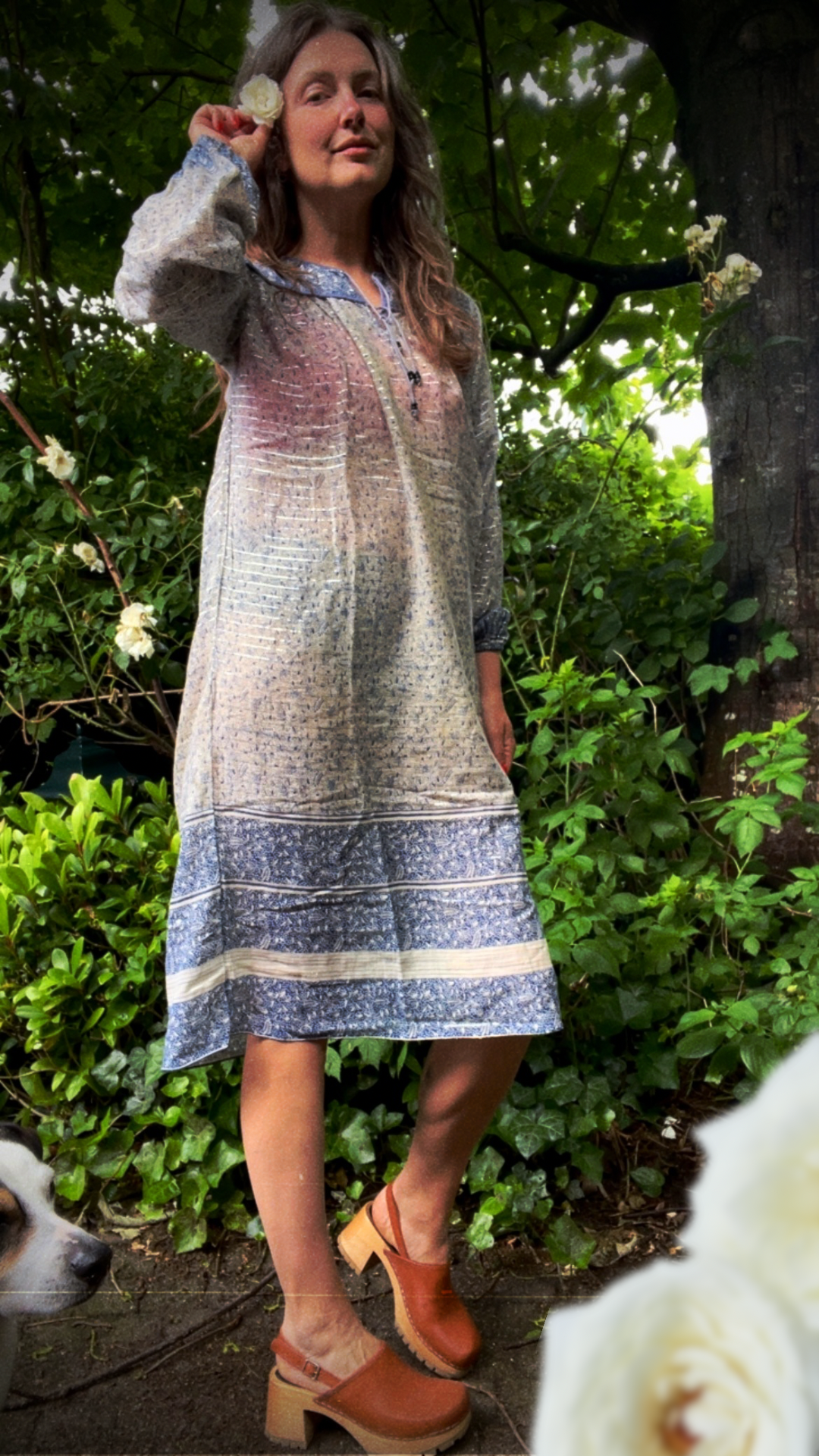 Cotton Gauze Dress  Indigo and Roses