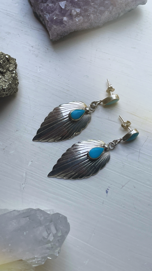 70s 925 Silver & Turquoise Feather Earrings