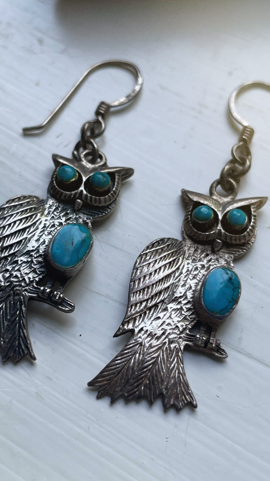 60s 925 Silver & Turquoise Owl Earrings