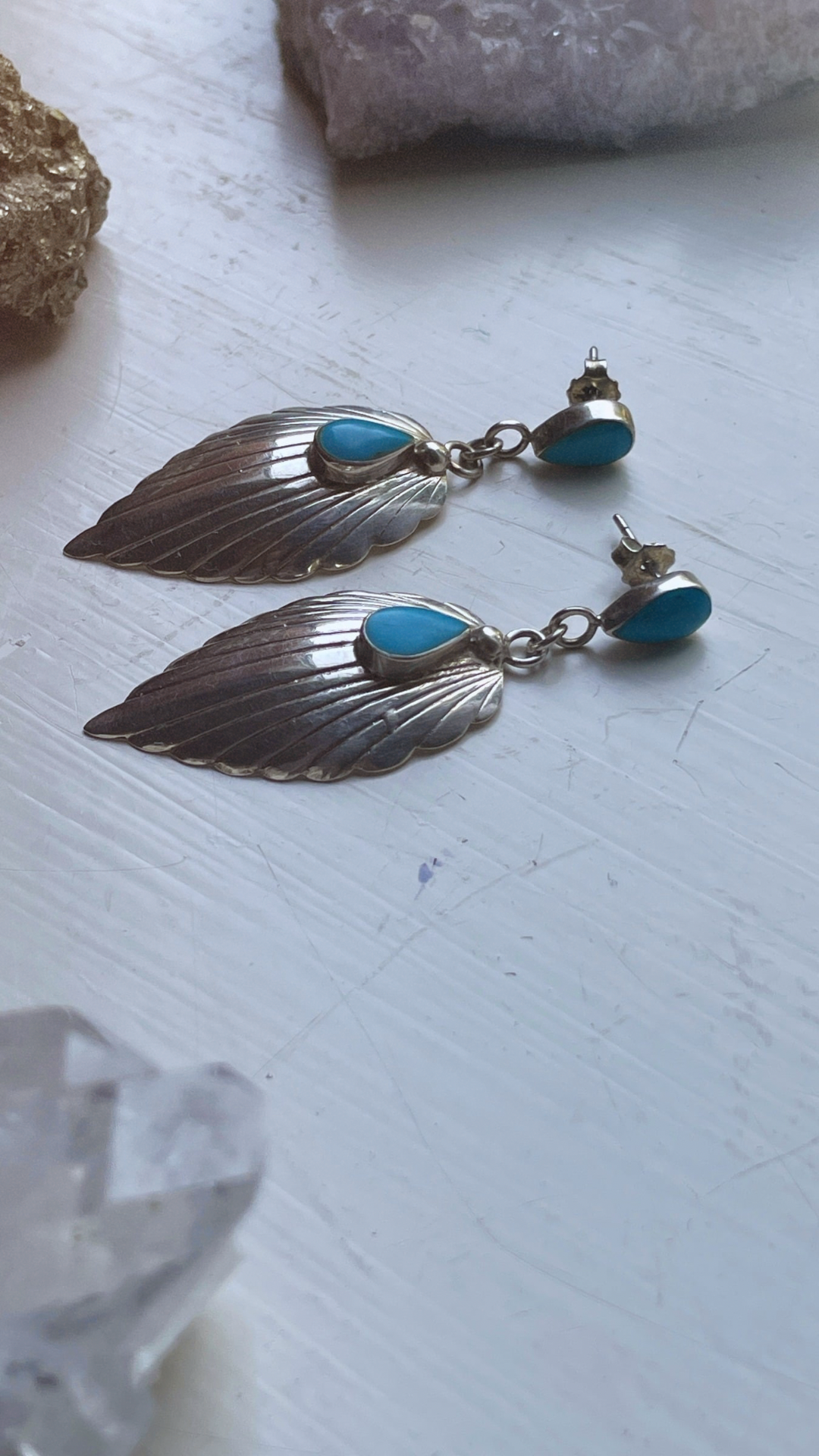 70s 925 Silver & Turquoise Feather Earrings