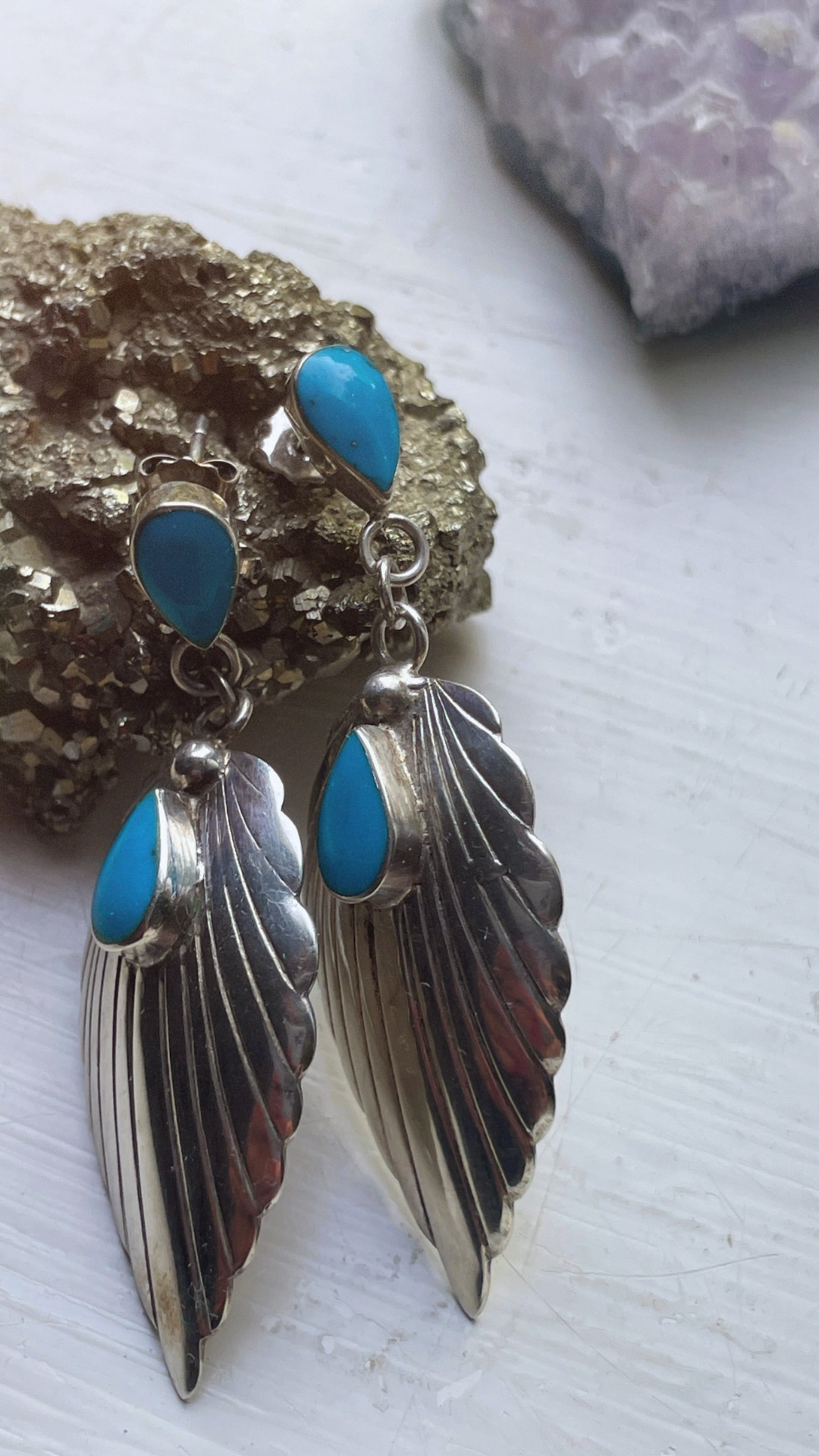 70s 925 Silver & Turquoise Feather Earrings