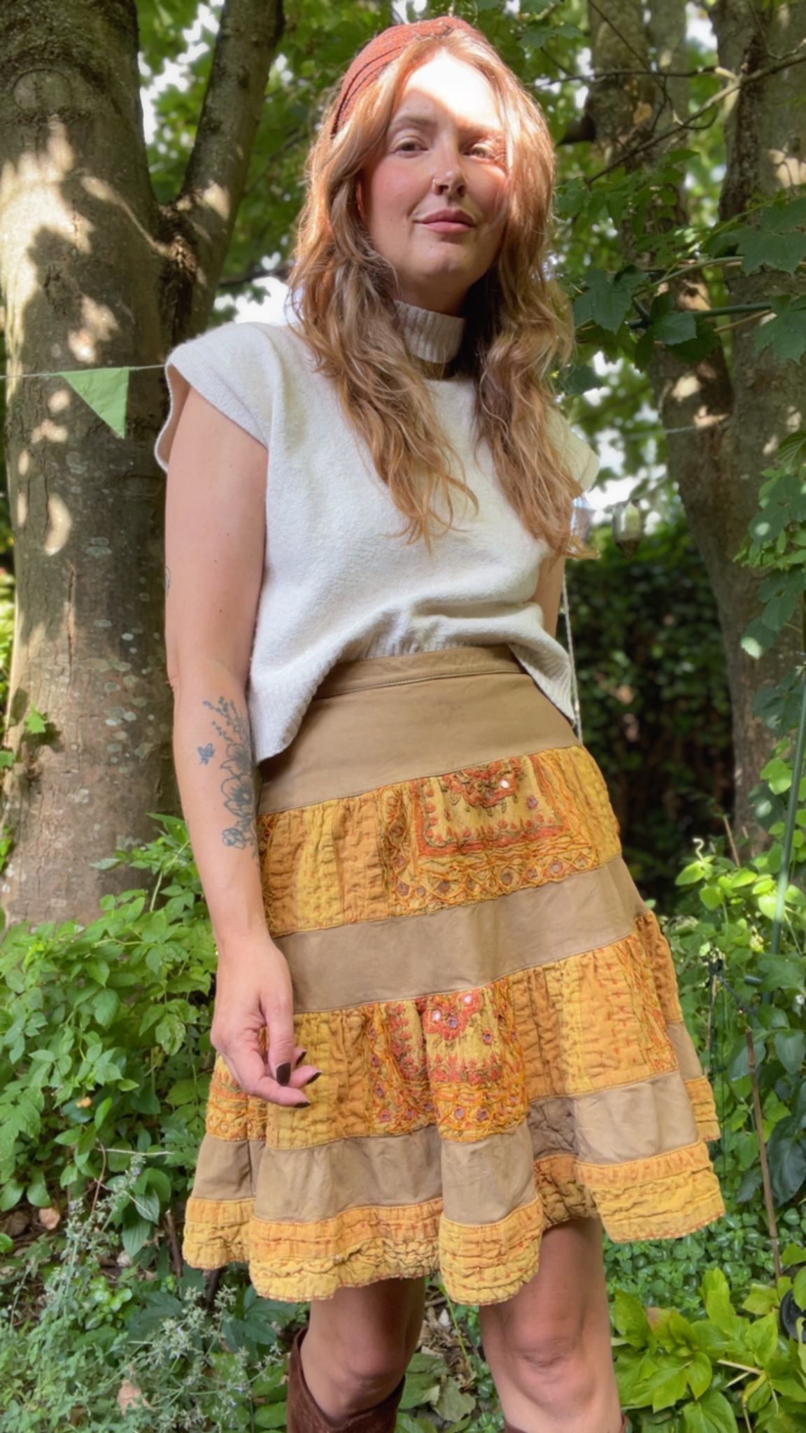 Leather & Kantha Skirt
