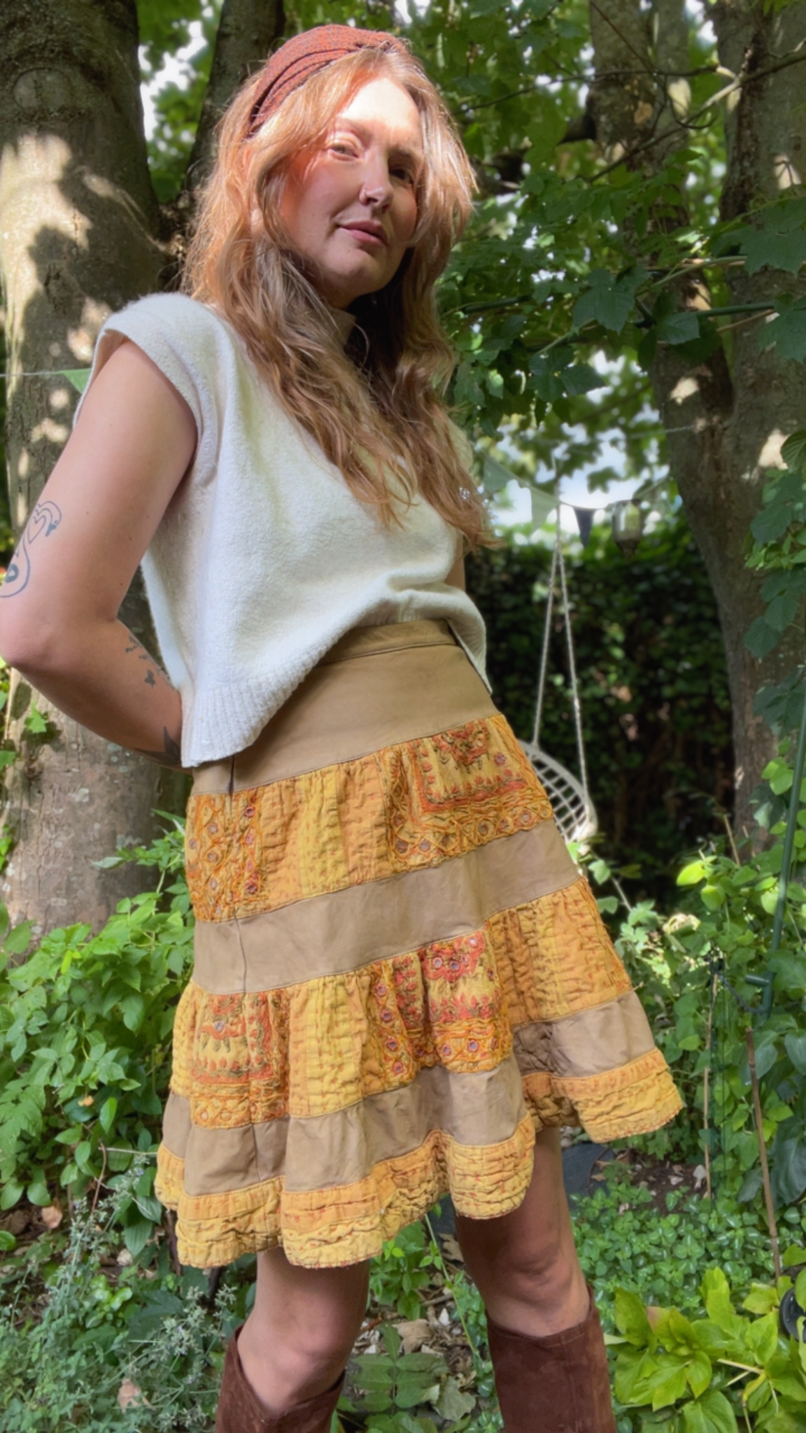 Leather & Kantha Skirt
