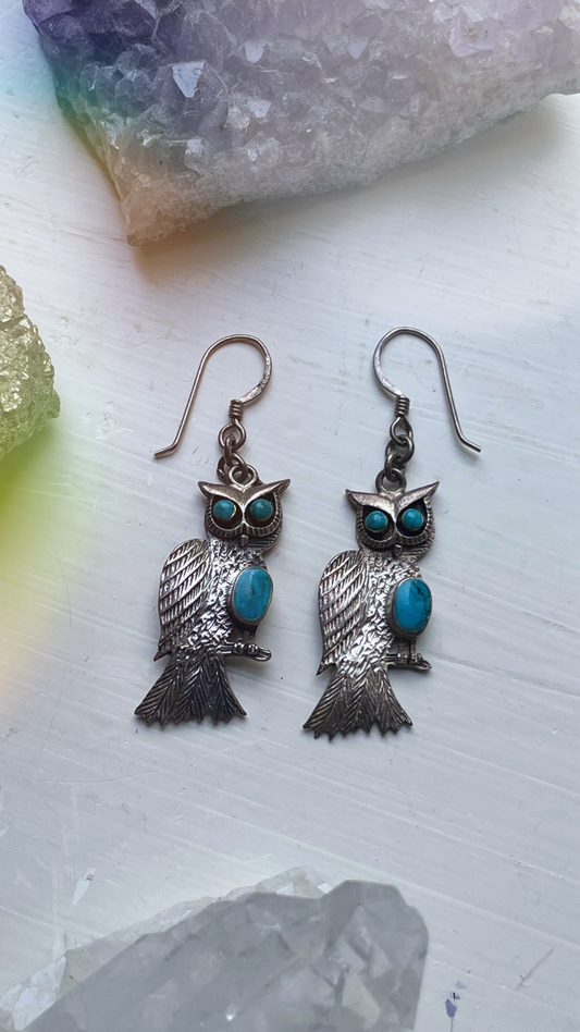 60s 925 Silver & Turquoise Owl Earrings