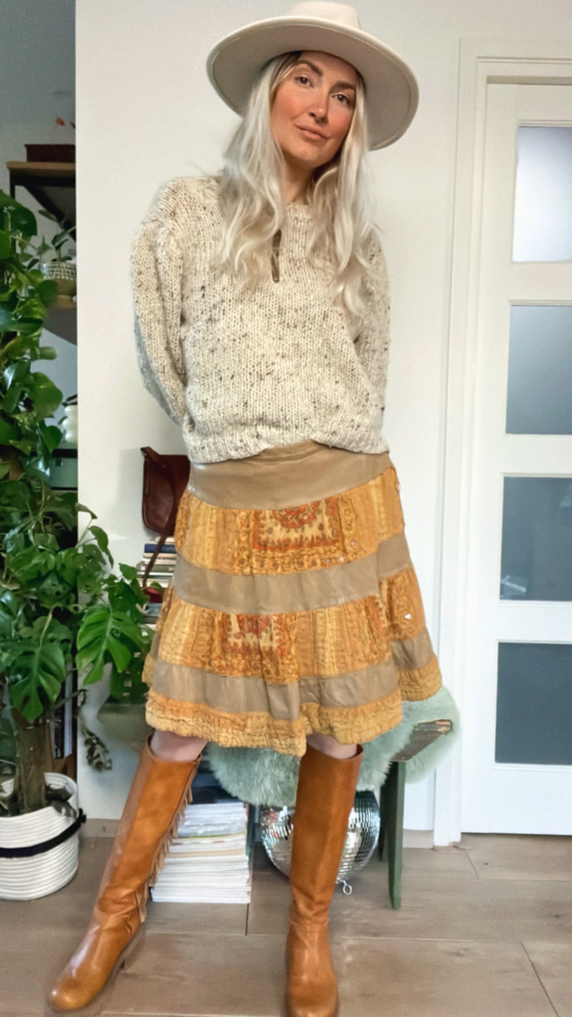Leather & kantha skirt