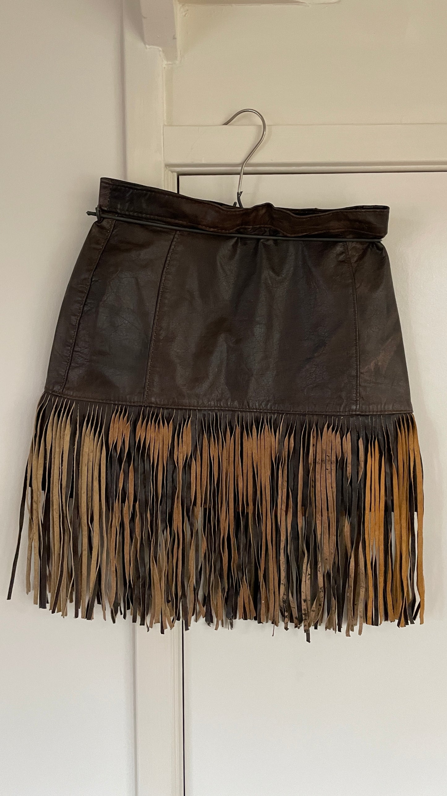 70s leather fringe mini skirt