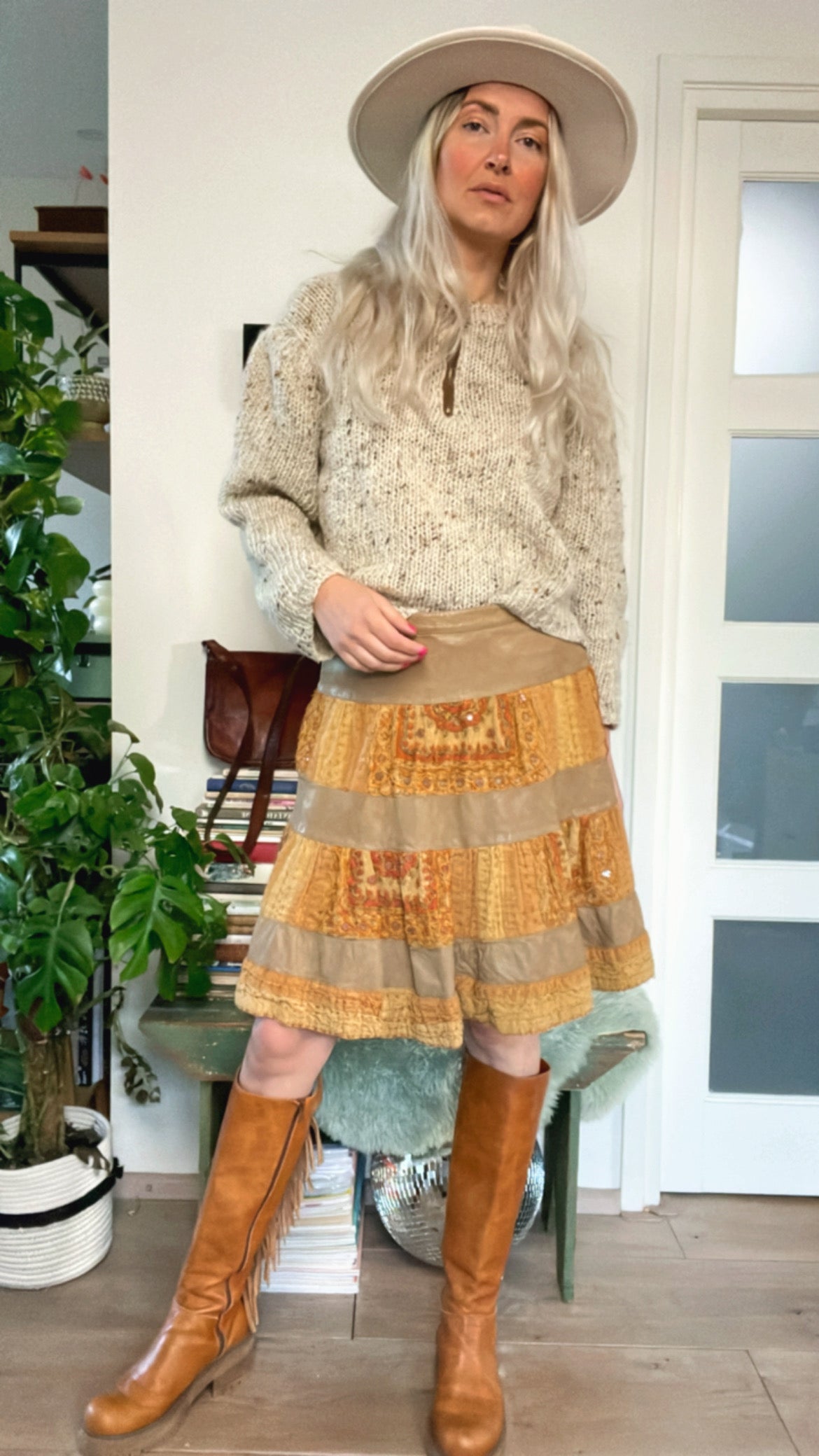 Leather & kantha skirt